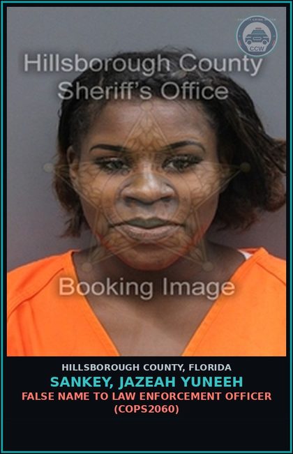 CCW arrest card for SANKEY, JAZEAH YUNEEH in Hillsborough County: FALSE NAME TO LAW ENFORCEMENT OFFICER (COPS2060)