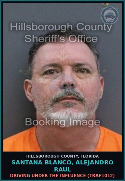 CCW arrest card for SANTANA BLANCO, ALEJANDRO RAUL in Hillsborough County: DRIVING UNDER THE INFLUENCE (TRAF1012)