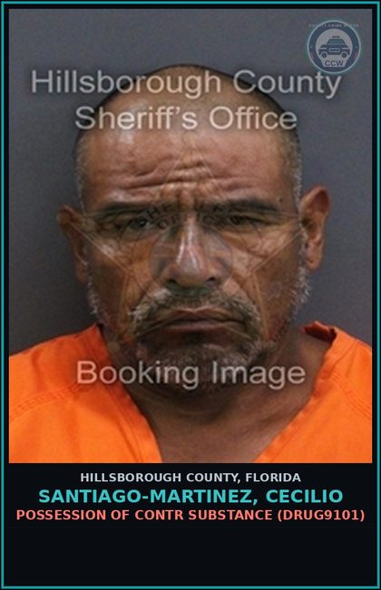 CCW arrest card for SANTIAGO-MARTINEZ, CECILIO in Hillsborough County: POSSESSION OF contr substance (DRUG9101)