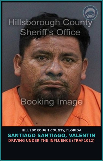 CCW arrest card for SANTIAGO SANTIAGO, VALENTIN in Hillsborough County: DRIVING UNDER THE INFLUENCE (TRAF1012)
