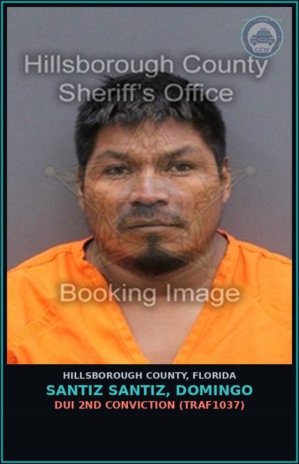 CCW arrest card for SANTIZ SANTIZ, DOMINGO in Hillsborough County: DUI 2ND CONVICTION (TRAF1037)