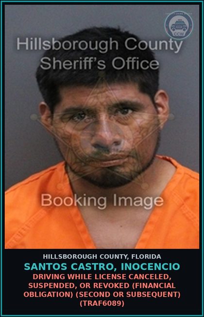 CCW arrest card for SANTOS CASTRO, INOCENCIO in Hillsborough County: DRIVING WHILE LICENSE CANCELED, SUSPENDED, OR REVOKED (FINANCIAL OBLIGATION) (SECOND OR SUBSEQUENT) (TRAF6089)