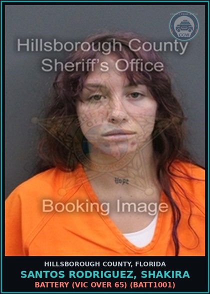 CCW arrest card for SANTOS RODRIGUEZ, SHAKIRA in Hillsborough County: BATTERY (VICTIM OVER 65) (BATT1001)