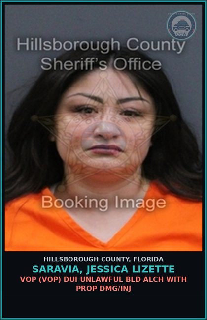 CCW arrest card for SARAVIA, JESSICA LIZETTE in Hillsborough County: VOP (VOP) DUI UNLAWFUL BLD ALCH WITH PROP DMG/INJ