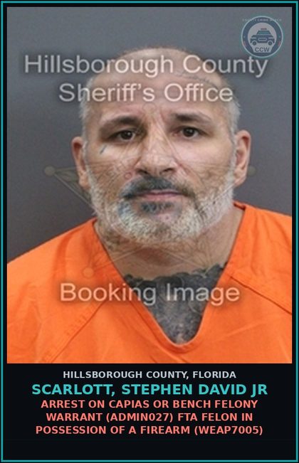 CCW arrest card for SCARLOTT, STEPHEN DAVID JR in Hillsborough County: ARREST ON CAPIAS OR BENCH FELONY WARRANT (ADMIN027) FTA FELON IN POSSESSION OF A FIREARM (WEAP7005)