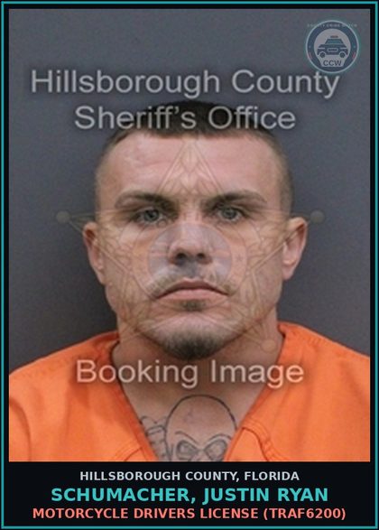 CCW arrest card for SCHUMACHER, JUSTIN RYAN in Hillsborough County: MOTORCYCLE DRIVERS LICENSE (TRAF6200)