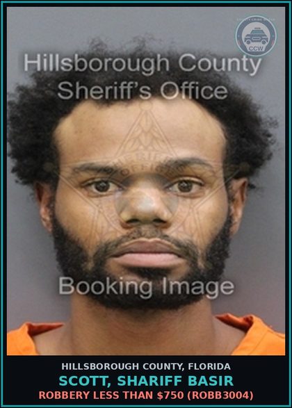 CCW arrest card for SCOTT, SHARIFF BASIR in Hillsborough County: ROBBERY LESS THAN $750 (ROBB3004)
