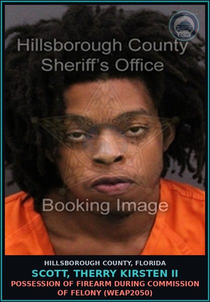 CCW arrest card for SCOTT, THERRY KIRSTEN II in Hillsborough County: POSSESSION OF FIREARM DURING COMMISSION OF FELONY (WEAP2050)
