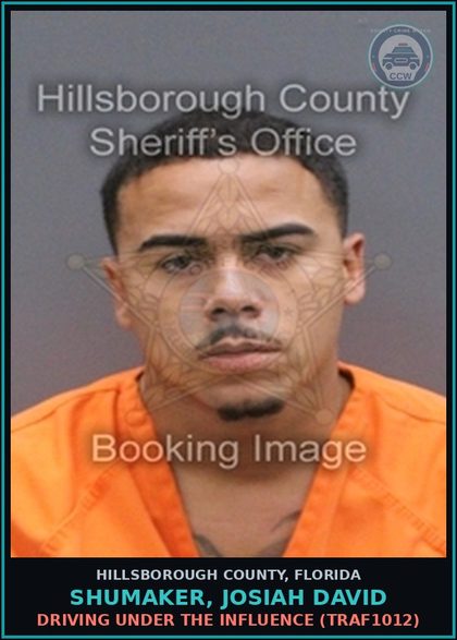 CCW arrest card for SHUMAKER, JOSIAH DAVID in Hillsborough County: DRIVING UNDER THE INFLUENCE (TRAF1012)