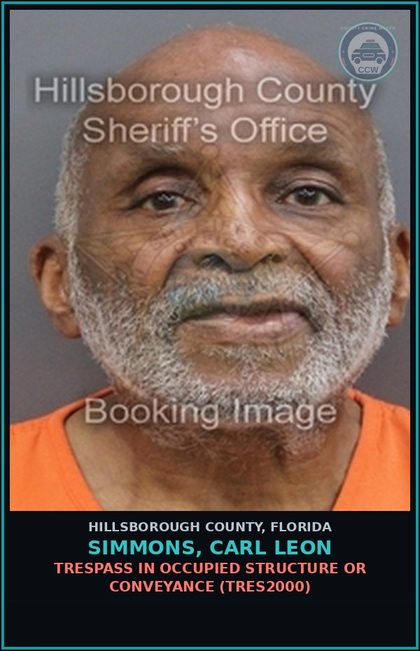 CCW arrest card for SIMMONS, CARL LEON in Hillsborough County: TRESPASS IN OCCUPIED STRUCTURE OR CONVEYANCE (TRES2000)