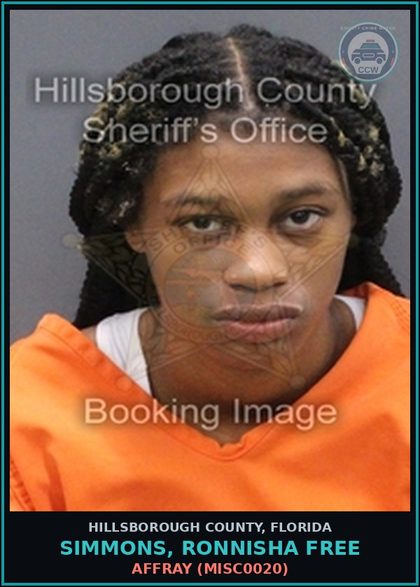 CCW arrest card for SIMMONS, RONNISHA FREE in Hillsborough County: AFFRAY (MISC0020)