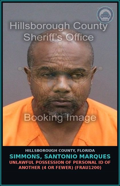 CCW arrest card for SIMMONS, SANTONIO MARQUES in Hillsborough County: UNLAWFUL POSSESSION OF PERSONAL ID OF ANOTHER (4 OR FEWER) (FRAU1200)