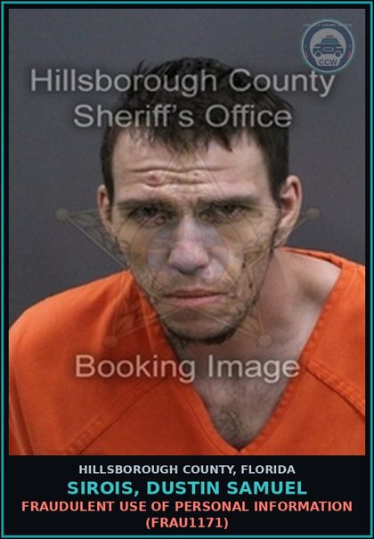CCW arrest card for SIROIS, DUSTIN SAMUEL in Hillsborough County: FELONY PETIT THEFT (THEF7002)