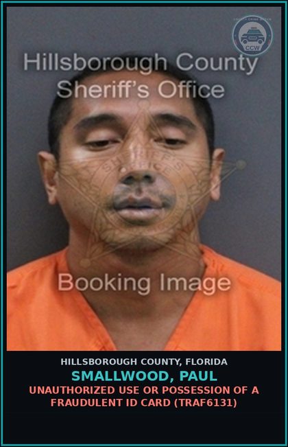 CCW arrest card for SMALLWOOD, PAUL in Hillsborough County: UNAUTHORIZED USE OR POSSESSION OF A FRAUDULENT ID CARD (TRAF6131)