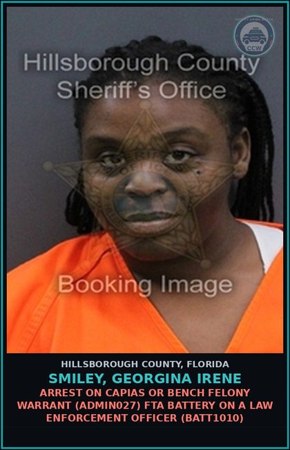 CCW arrest card for SMILEY, GEORGINA IRENE in Hillsborough County: ARREST ON CAPIAS OR BENCH FELONY WARRANT (ADMIN027) FTA BATTERY ON A LAW ENFORCEMENT OFFICER (BATT1010)