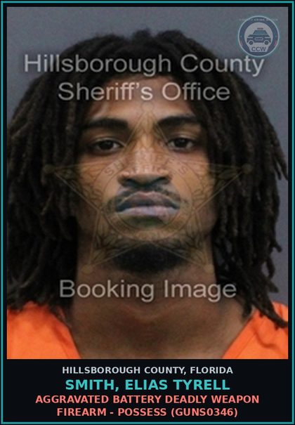 CCW arrest card for SMITH, ELIAS TYRELL in Hillsborough County: AGGRAVATED BATTERY DEADLY WEAPON FIREARM - POSSESS (GUNS0346)