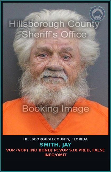 CCW arrest card for SMITH, JAY in Hillsborough County: VOP (VOP) [NO BOND] PCVOP s3x PRED, FALSE INFO/OMIT