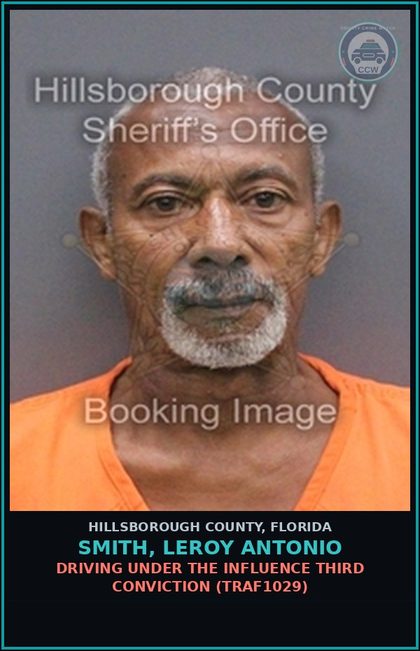 CCW arrest card for SMITH, LEROY ANTONIO in Hillsborough County: DRIVING UNDER THE INFLUENCE THIRD CONVICTION (TRAF1029)