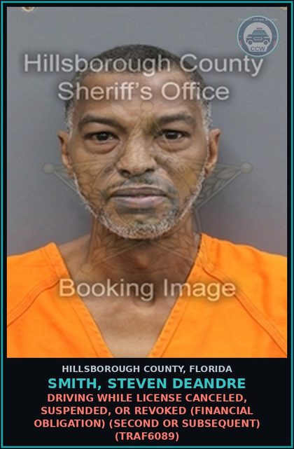 CCW arrest card for SMITH, STEVEN DEANDRE in Hillsborough County: DRIVING WHILE LICENSE CANCELED, SUSPENDED, OR REVOKED (FINANCIAL OBLIGATION) (SECOND OR SUBSEQUENT) (TRAF6089)