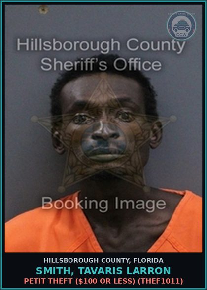 CCW arrest card for SMITH, TAVARIS LARRON in Hillsborough County: PETIT THEFT ($100 OR LESS) (THEF1011)
