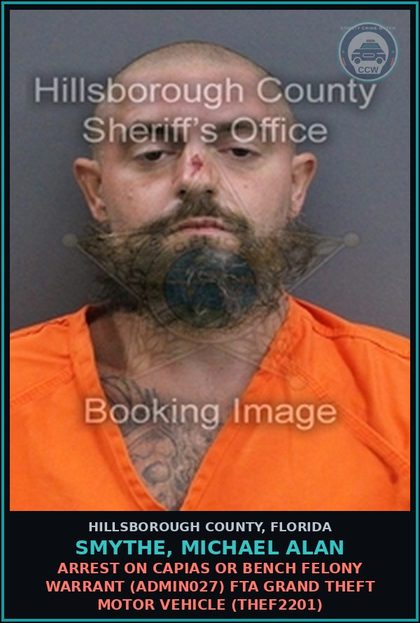 CCW arrest card for SMYTHE, MICHAEL ALAN in Hillsborough County: ARREST ON CAPIAS OR BENCH FELONY WARRANT (ADMIN027) FTA GRAND THEFT MOTOR VEHICLE (THEF2201)