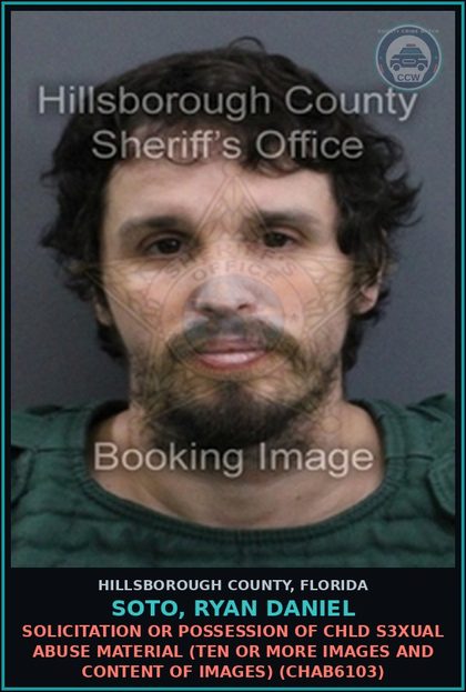 CCW arrest card for SOTO, RYAN DANIEL in Hillsborough County: SOLICITATION OR POSSESSION OF chld s3xual ABUSE MATERIAL (TEN OR MORE IMAGES AND CONTENT OF IMAGES) (CHAB6103)