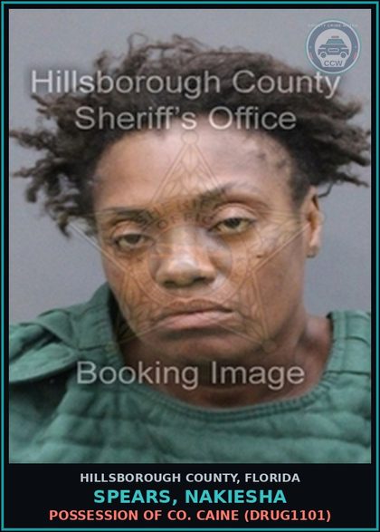 CCW arrest card for SPEARS, NAKIESHA in Hillsborough County: POSSESSION OF COCAINE (DRUG1101)