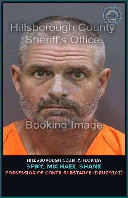 CCW arrest card for SPRY, MICHAEL SHANE in Hillsborough County: DRIVING WITH LICENSE CANCELED, SUSPENDED, OR REVOKED (3RD OFFENSE) (TRAF6077)