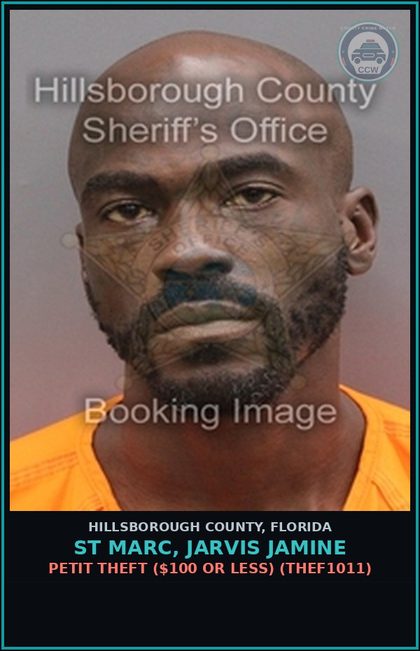 CCW arrest card for ST MARC, JARVIS JAMINE in Hillsborough County: PETIT THEFT ($100 OR LESS) (THEF1011)