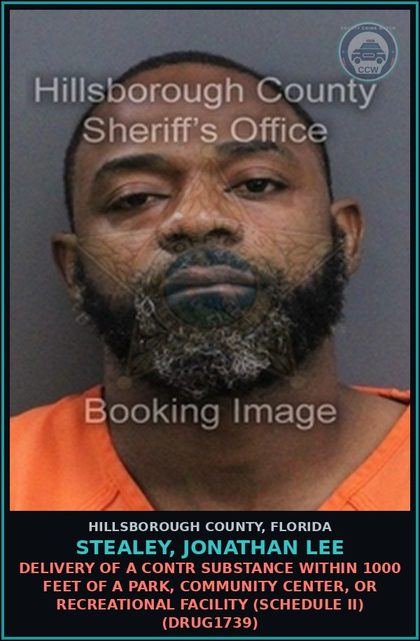 CCW arrest card for STEALEY, JONATHAN LEE in Hillsborough County: DELIVERY OF A contr substance WITHIN 1000 FEET OF A PARK, COMMUNITY CENTER, OR RECREATIONAL FACILITY (SCHEDULE II) (DRUG1739)