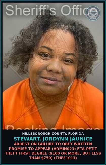 CCW arrest card for STEWART, JORDYNN JAUNICE in Hillsborough County: ARREST ON FAILURE TO OBEY WRITTEN PROMISE TO APPEAR (ADMIN023) FTA-PETIT THEFT FIRST DEGREE ($100 OR MORE, BUT LESS THAN $750) (THEF1013)