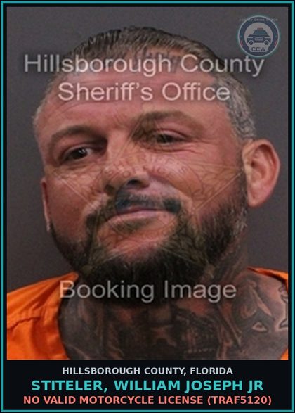CCW arrest card for STITELER, WILLIAM JOSEPH JR in Hillsborough County: NO VALID MOTORCYCLE LICENSE (TRAF5120)