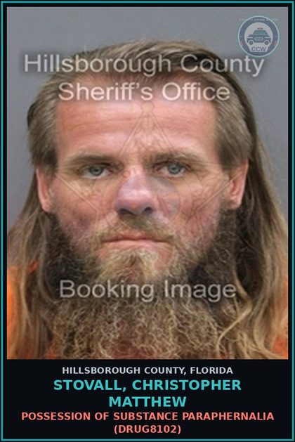 CCW arrest card for STOVALL, CHRISTOPHER MATTHEW in Hillsborough County: POSSESSION OF DRUG PARAPHERNALIA (DRUG8102)