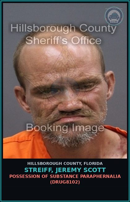 CCW arrest card for STREIFF, JEREMY SCOTT in Hillsborough County: POSSESSION OF DRUG PARAPHERNALIA (DRUG8102)