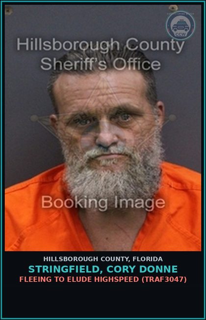 CCW arrest card for STRINGFIELD, CORY DONNE in Hillsborough County: FLEEING TO ELUDE HIGHSPEED (TRAF3047)