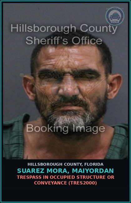 CCW arrest card for SUAREZ MORA, MAIYORDAN in Hillsborough County: TRESPASS IN OCCUPIED STRUCTURE OR CONVEYANCE (TRES2000)