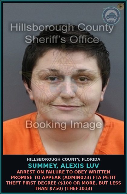 CCW arrest card for SUMMEY, ALEXIS LUV in Hillsborough County: ARREST ON FAILURE TO OBEY WRITTEN PROMISE TO APPEAR (ADMIN023) FTA PETIT THEFT FIRST DEGREE ($100 OR MORE, BUT LESS THAN $750) (THEF1013)