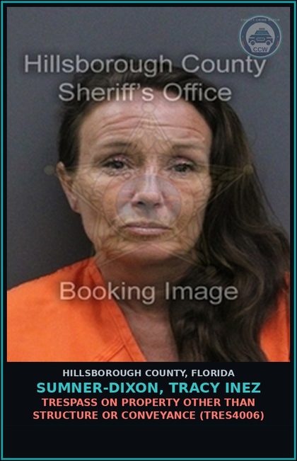 CCW arrest card for SUMNER-DIXON, TRACY INEZ in Hillsborough County: TRESPASS ON PROPERTY OTHER THAN STRUCTURE OR CONVEYANCE (TRES4006)