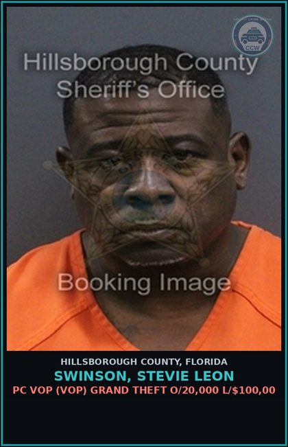 CCW arrest card for SWINSON, STEVIE LEON in Hillsborough County: POSSESSION OF Canna LESS THAN 20 GRAMS (DRUG2103)