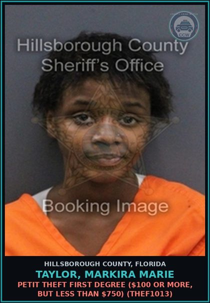 CCW arrest card for TAYLOR, MARKIRA MARIE in Hillsborough County: PETIT THEFT FIRST DEGREE ($100 OR MORE, BUT LESS THAN $750) (THEF1013)