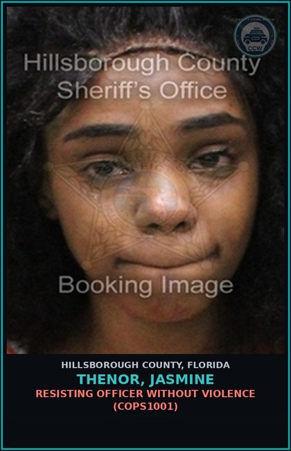 CCW arrest card for THENOR, JASMINE in Hillsborough County: RESISTING OFFICER WITHOUT VIOLENCE (COPS1001)