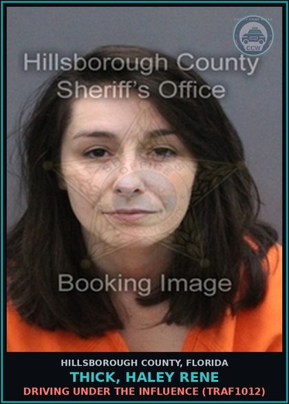 CCW arrest card for THICK, HALEY RENE in Hillsborough County: DRIVING UNDER THE INFLUENCE (TRAF1012)