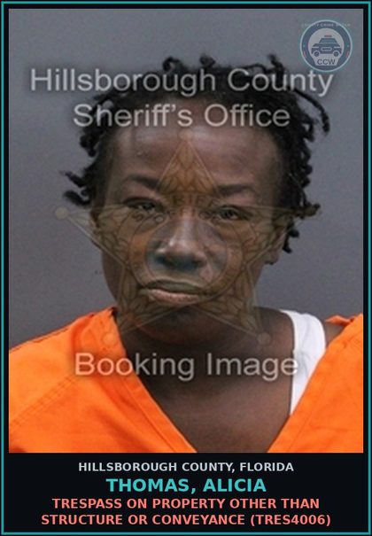 CCW arrest card for THOMAS, ALICIA in Hillsborough County: TRESPASS ON PROPERTY OTHER THAN STRUCTURE OR CONVEYANCE (TRES4006)
