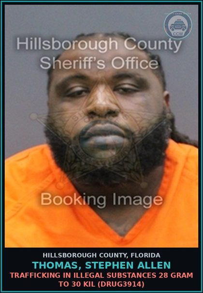 CCW arrest card for THOMAS, STEPHEN ALLEN in Hillsborough County: TRAFFICKING IN ILLEGAL DRUGS 28 GRAM TO 30 KIL (DRUG3914)