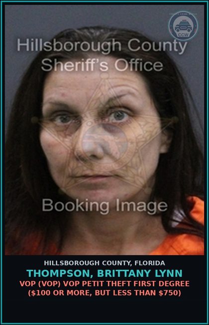 CCW arrest card for THOMPSON, BRITTANY LYNN in Hillsborough County: VOP (VOP) VOP PETIT THEFT FIRST DEGREE ($100 OR MORE, BUT LESS THAN $750)