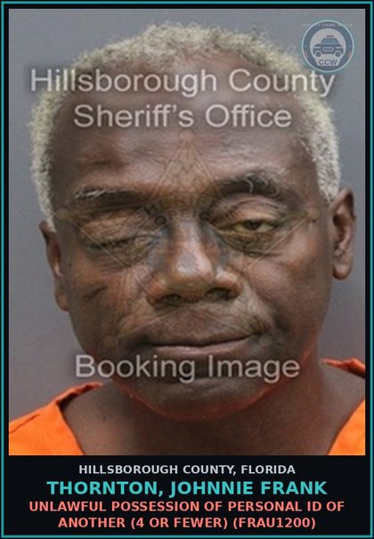 CCW arrest card for THORNTON, JOHNNIE FRANK in Hillsborough County: UNLAWFUL POSSESSION OF PERSONAL ID OF ANOTHER (4 OR FEWER) (FRAU1200)