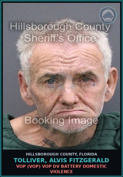 CCW arrest card for TOLLIVER, ALVIS FITZGERALD in Hillsborough County: VOP (VOP) VOP DV BATTERY DOMESTIC VIOLENCE