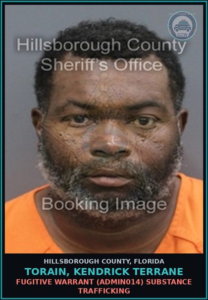 CCW arrest card for TORAIN, KENDRICK TERRANE in Hillsborough County: FUGITIVE WARRANT (ADMIN014) DRUG TRAFFICKING