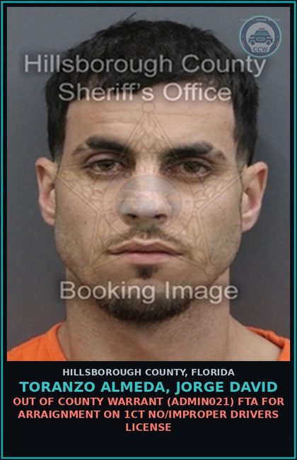 CCW arrest card for TORANZO ALMEDA, JORGE DAVID in Hillsborough County: OUT OF COUNTY WARRANT (ADMIN021) FTA FOR ARRAIGNMENT ON 1CT NO/IMPROPER DRIVERS LICENSE