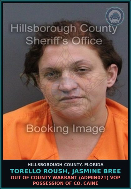 CCW arrest card for TORELLO ROUSH, JASMINE BREE in Hillsborough County: OUT OF COUNTY WARRANT (ADMIN021) VOP POSSESSION OF COCAINE